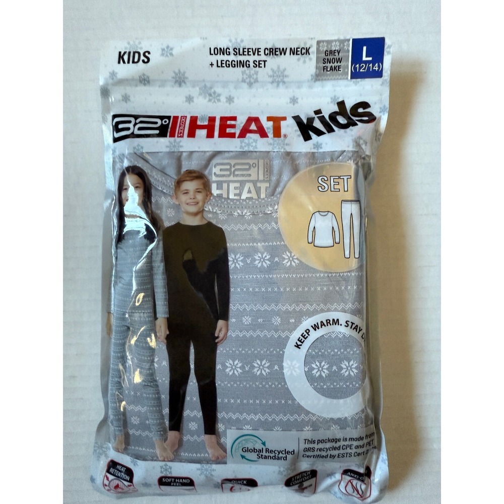 32 DEGREES HEAT -  Kids Base Layers Top Leggings Grey Snowflake -  Large 12/14